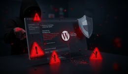 フードをかぶった人物が、赤い警告アイコンとサイバーセキュリティの脅威を象徴する盾のグラフィックが描かれた WordPress のセキュリティ警告が表示されたコンピューター画面を指差しています。このシーンは、サイトを潜在的なリスクから守るために脆弱性調査が重要であることを強調しています。.